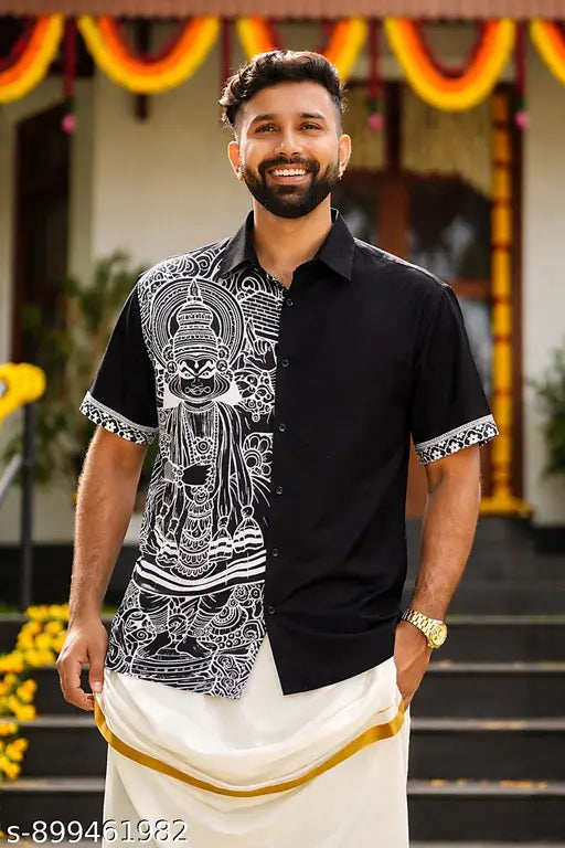 Traditional Kerala Mural Art Printed Men's Half Sleeve Shirt- White Kathakali Half Sleeve Shirt