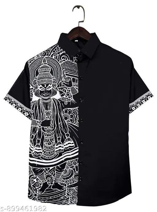 Traditional Kerala Mural Art Printed Men's Half Sleeve Shirt- White Kathakali Half Sleeve Shirt