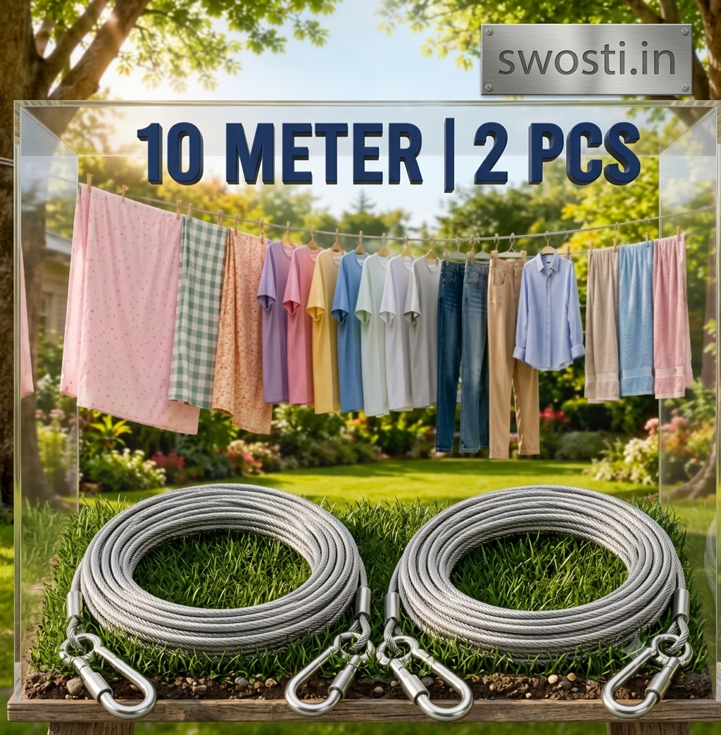 2 Pcs 10 Meter Clothline Heavy Duty Hanging Steel Cable with Secure Carabiner Locks for Multipurpose Use