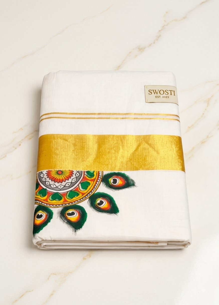 Kerala Kasavu Saree for Women with Golden Zari Border | Traditional Cotton Onam vishu Saree | Peacock