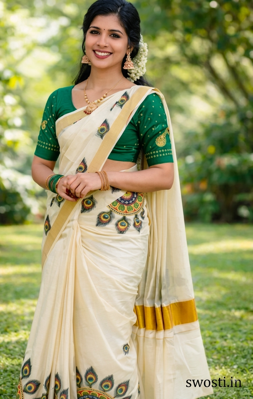 Kerala Kasavu Saree for Women with Golden Zari Border | Traditional Cotton Onam vishu Saree | Peacock