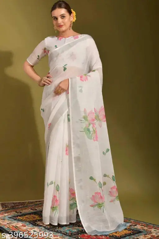 A Digital Printed Floral Lotus(Kamal) Design Saree and A Fusion of Digital Prints and Floral Lotus (Kamal)Design